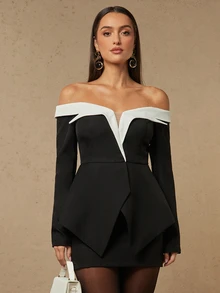 Silquee Women's Colorblock Off-Shoulder Asymmetrical Hem Jacket And Skirt Elegant Suit Set - Black - View 3