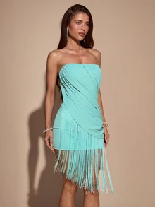 SHEIN BAE Women's Elegant Sexy Ruched Tassel Hem Bandeau Dress For Party And Outing - Mint Green - View 6