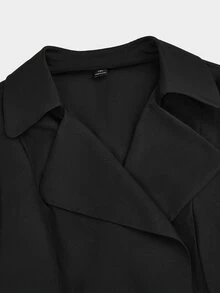 Sweetra Plus Size Women's Solid Color Double-Breasted Casual Loose Long Trench Coat - Black - View 10