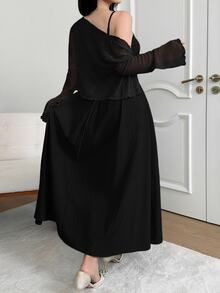 Feyla Plus Size Women Solid Color Pleated Cami Dress And Cardigan Casual 2 Pieces Set - Black - View 2