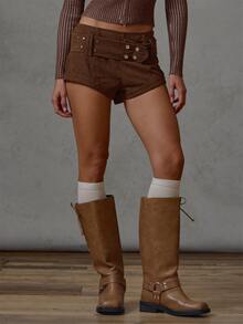 MUSERA Brown Corduroy Pleated Micro Skirt Fall Winter Everyday Causal Going Out Cool Girl Festival Forces - Brown - View 1