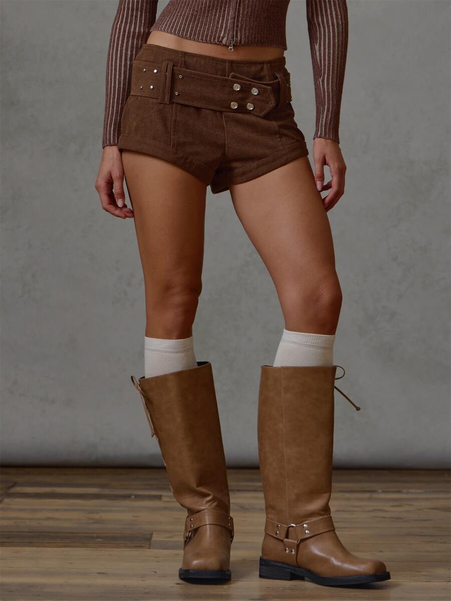 MUSERA Brown Corduroy Pleated Micro Skirt Fall Winter Everyday Causal Going Out Cool Girl Festival Forces - Brown - View 1
