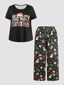 Chillnights Plus Size Women's Letter Print Short Sleeve T-Shirt And Long Pants Pajama Set - Multicolor - View 1