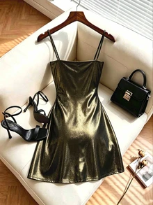 Franclia Women's Metallic Texture Pleated Fashion Cami Mini Dress - Multicolor - View 2