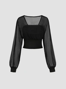 Sweetra Women's Long Sleeve Mesh Patchwork Knit Tube Top, 2 In 1, Versatile Wear, Sexy Casual - Black - View 2