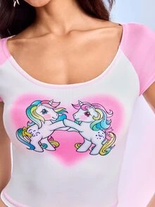 My Little Pony X SHEIN Women's Cartoon Unicorn Pattern Short Sleeve Raglan Neckline Cropped Top - White - View 6