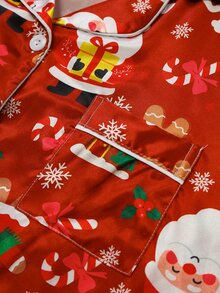 Chillnights Plus Size Women's Santa Claus Long Sleeve Single-Breasted Top And Pants Pajama Set - Red - View 5