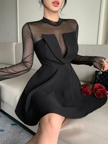 DAZY Women's Elegant Mesh Patchwork Cinched Waist Midi Dress For Party And Gathering - Black - View 6