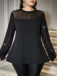 Reflora Plus Size Long Sleeve Round Neck Rhinestone Transparent Women's Blouse - Black - View 5