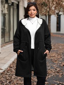 SHEIN Clasi 女款大尺碼寬鬆抽繩腰中長版保暖內裡夾克，秋冬款 - 黑色 - 查看 8