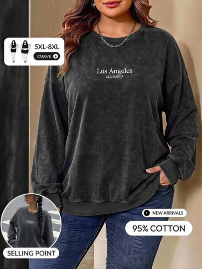 SHEIN CURVE+ Women's New Distressed Snow-Washed Round Neck Long Sleeve Letter Print Casual Black T-Shirt