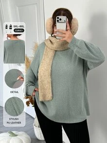 SHEIN CURVE+ Women Plus Size T-Shirt 22W, Autumn/Winter Solid Color Ribbed Comfortable Crew Neck Long Sleeve Casual T-Shirt - Green - View 1