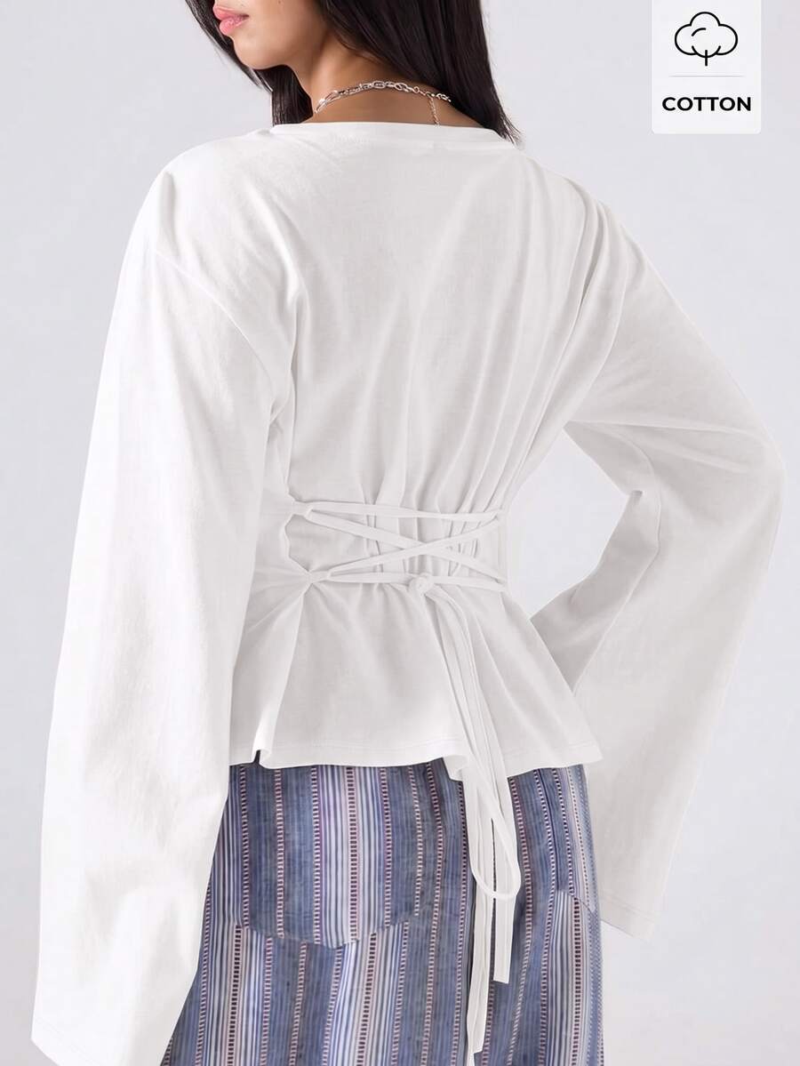LYSMO Plus Size Women Solid Color Bell Sleeve Round Neck Waist Cinched Casual Cargo T-Shirt Fall Brunch Birthday All White - White - View 1