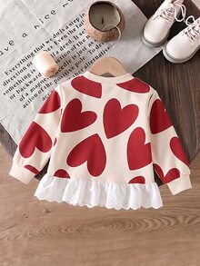 Sweet & Cool Heart Print Baby Girl Top, Red Heart Pattern All-Over Print, Delicate Lace Ruffle Hem, Stylish Round Neck Long Sleeve Sweatshirt For Baby Girls, Suitable For Autumn/Winter Daily Wear - Multicolor - View 2