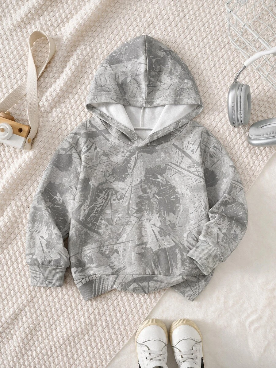 Young Boy Hooded Long Sleeve Sweatshirt, Classic Cool Tie-Dye Pattern Print, Classic Scratch Messy Pattern Print, Suitable For Street Style, Suitable For Autumn/Winter - Multicolor - View 1