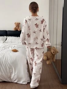 Napfluff Cute Striped Bear Print Crew Neck Long Sleeve Pants Pajama Set For Women - Khaki - View 2
