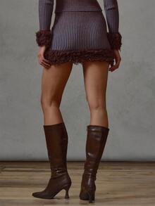 MUSERA Contrast Ribbed Knit Fur Trim Skirt Fall Winter Everyday Causal Going Out Cool Girl Forces - Multicolor - View 5