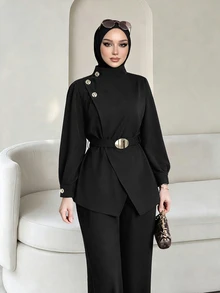 Celisse Women's Jacket And Wide Leg Pants Set Autumn - Black - View 1
