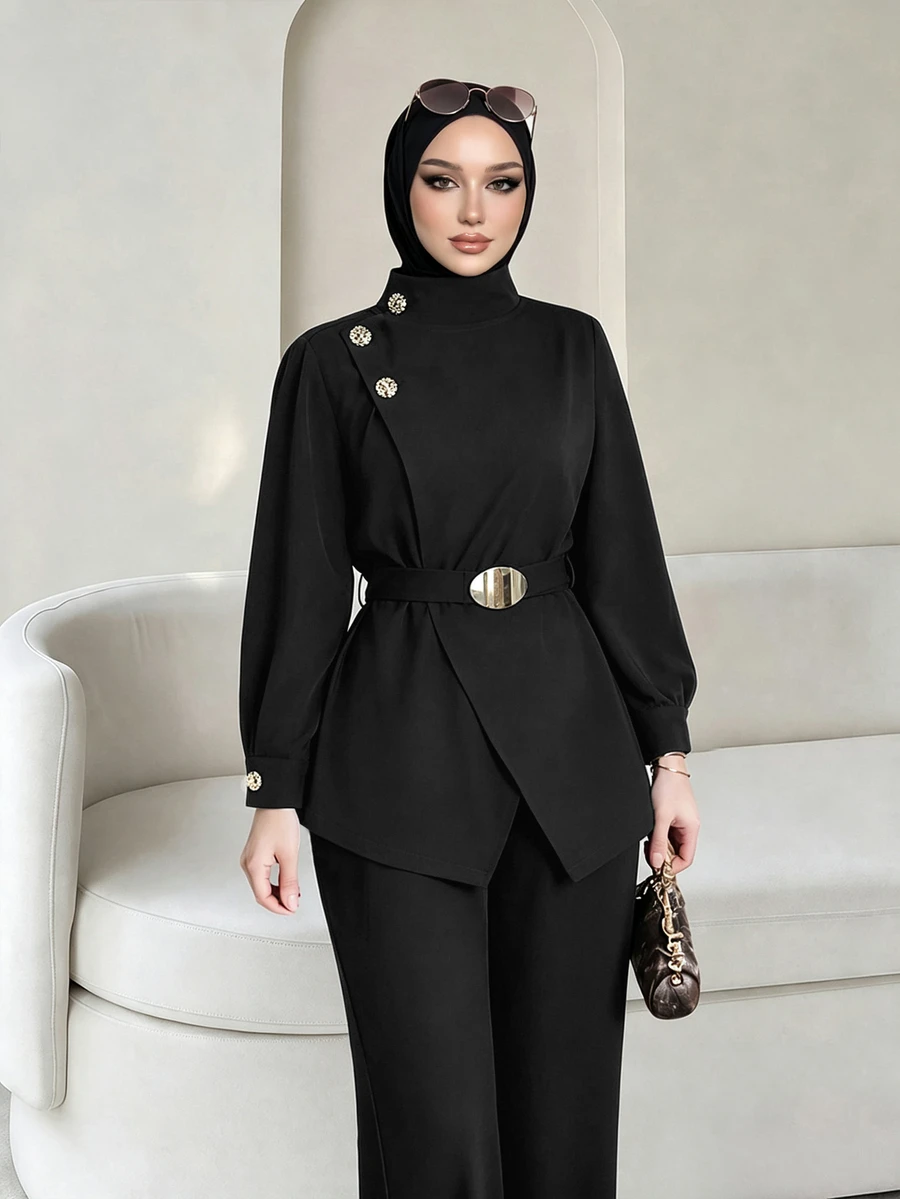 Celisse Women's Jacket And Wide Leg Pants Set Autumn - Black - View 1