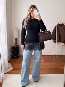 Vionelle Plus Size Women's Solid Color Minimalist Pullover Knit Sweater, Side Slit Lace Patchwork Hem Long Sleeve Lazy Sweater Winter - Black - View 7