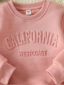 SHEIN 4-8歲女童兩件式羅紋運動套裝，圓領壓紋字母衛衣與慢跑長褲套組，棉混紡春秋休閒小女孩穿搭 - 粉色 - 查看 5