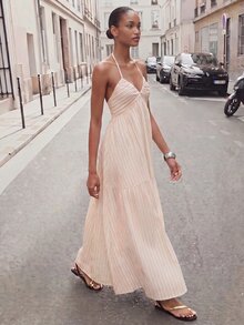 Maija Women's Halter Neck Striped Pattern High Waist Ruffle Hem Open Back Dress Beach Vacation Pink Stripe Summer Tropical Boho - Coffee Brown - View 4