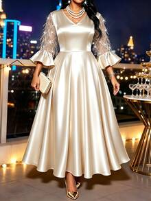 SHEIN Lady CURVE Plus Size V-Neck Flared Sleeve Rhinestone Tassel A-Line High Waist Dress - Apricot - View 1
