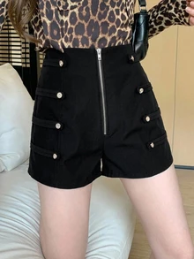 DAZY 女款純色拉鍊門襟雙排鈕扣設計時尚短褲 - 黑色 - 查看 6