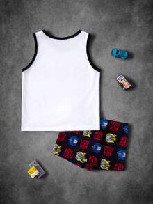 Transformers X SHEIN Young Boys Cartoon Pattern Sleeveless Tank Top & Hipster Underwear Set - Black and White - View 2