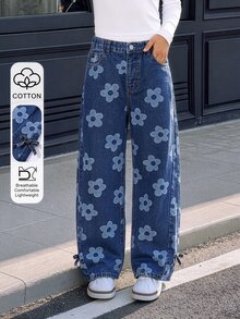 女童藍色花卉水洗牛仔寬腿褲，寬鬆直筒褲腿，休閒可愛牛仔褲，貼身剪裁，適合學校返校度假夏季 - 中等水洗藍 - 查看 5