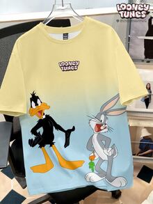 LOONEY TUNES X SHEIN Daypath Men's Round Neck Short Sleeve Gradient Funny Cartoon Print Casual T-Shirt - Yellow - View 1