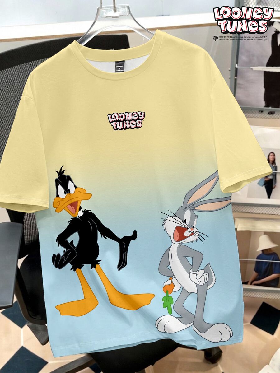 LOONEY TUNES X SHEIN Daypath Men's Round Neck Short Sleeve Gradient Funny Cartoon Print Casual T-Shirt - Yellow - View 1