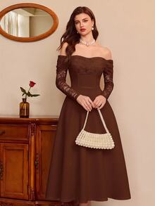 Vintamour Women's Lace Patchwork Tube Casual Party Long Strapless Dress - Brown - View 3