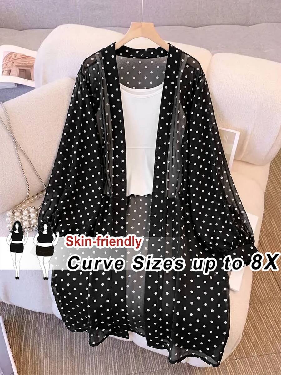 SHEIN CURVE+ 夏季薄款長袖波點開襟大尺碼針織外套 秋季 - 黑與白 - 查看 1