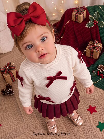 Cozy Pixies Baby Girls Sweater Co-Ords Knit Pullover Bow Sweater With Red Skirt, Cute And Playful, Suitable For Autumn/Winter, Baby Girl Dopamine Style