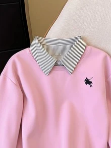 Resyla Women's Minimalist Daily Striped Patchwork Long Sleeve 2 In 1 Sweatshirt - Pink - View 3
