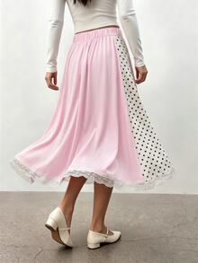 Lumivelle Women's Sweet Polka Dot Print Contrast Lace Trim Asymmetrical Skirt - Pink - View 2
