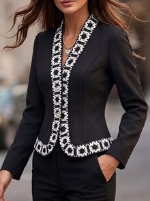 SHEIN Women's French Style Contrast Color Lace Trim V Neck Waist-Cinching Fitted Long Sleeve Jacket - Black - View 4
