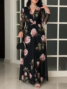 Modelyn 大尺碼女款花卉印花長袖優雅洋裝 - 彩色 - 查看 1