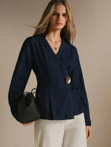 Poéselle Women's Long Sleeve Overlap Design Cinched Waist Loose Hem Denim Top - Dark Wash - View 7