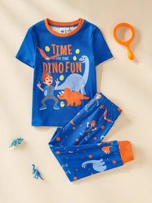 Blippi X SHEIN 小男孩短袖上衣與長褲居家休閒套裝 - 藍色 - 查看 1