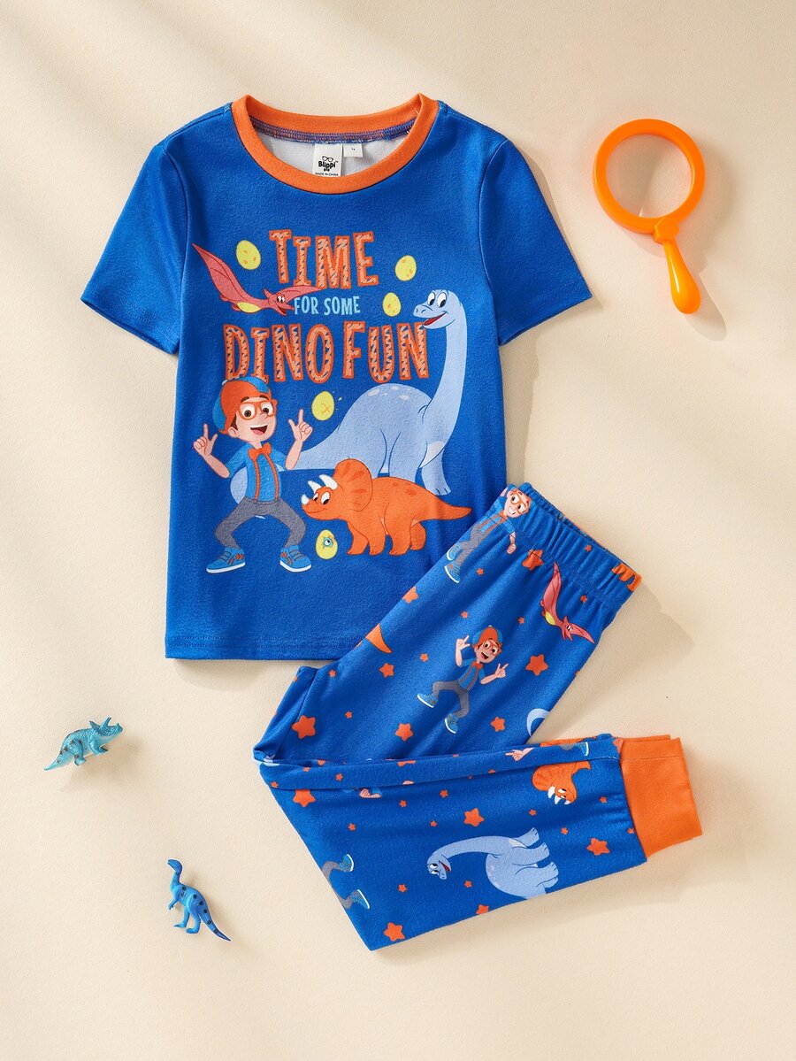 Blippi X SHEIN 小男孩短袖上衣與長褲居家休閒套裝 - 藍色 - 查看 1