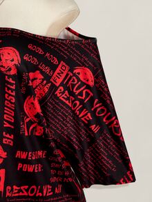 SHEIN ICON 大尺碼女款口號印花不對稱肩短袖休閒T恤 - 彩色 - 查看 5