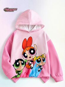 THE POWERPUFF GIRLS X SHEIN 1件少女休閒百搭粉色卡通圖案連帽寬鬆長袖衛衣，適合秋冬日常穿著、室內、運動、拍照、假期與生日 - 粉色 - 查看 6