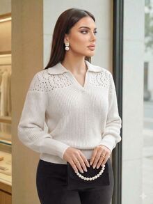 Dripcurv Plus Size Women's Solid Color Collared Long Sleeve Casual Elegant Pullover Sweater Formal Morning White Spring Winter - Camel - View 5