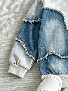 SHEIN 女童 2 件套休閒時尚春夏季秋季男孩圓領運動衫與運動長褲兩件套，酷炫幾何拼接圖案，彈性柔軟面料，春夏季秋季男孩套裝，休閒穿著，返校，派對，適合戶外野餐，街頭攝影，校園，假期，禮物用途 - 彩色 - 查看 4