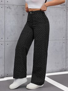 SHEIN ICON 女款 Old Money 風格無彈力休閒直筒寬腿牛仔褲 - 黑色 - 查看 3