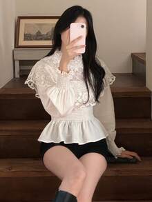 DAZY Women's Lace Patchwork Pleated Casual Daily Wear Blouse - White - View 8