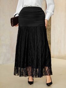 Roveilla Plus Size Knit Black Ruched Lace Skirt - Black - View 5