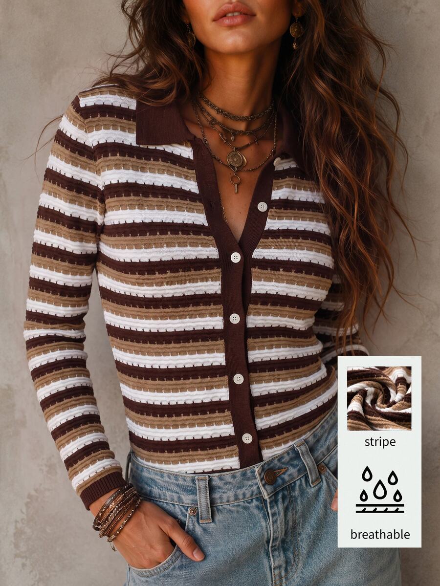 Solivie Women's Colorblock Striped Pattern Long Sleeve Shirt Collar Button Front Knit Cardigan - Coffee Brown - View 1